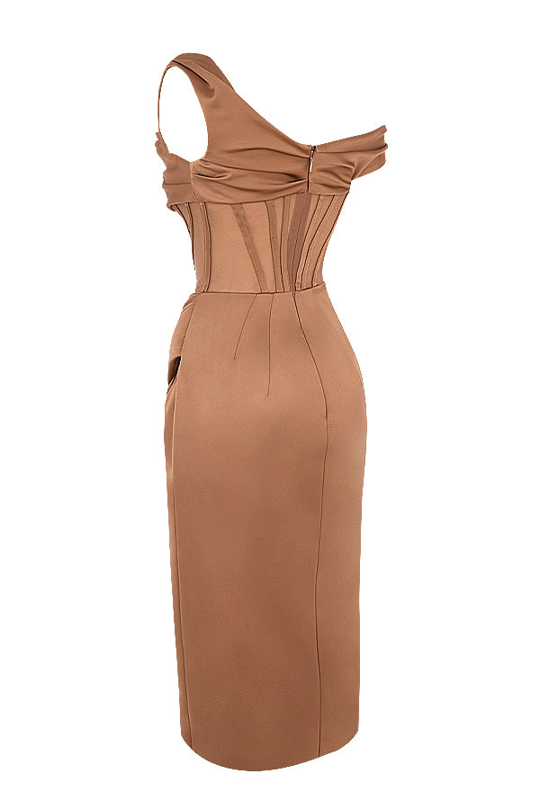 WW | Asymmetrisch drapiertes Midi-Korsettkleid