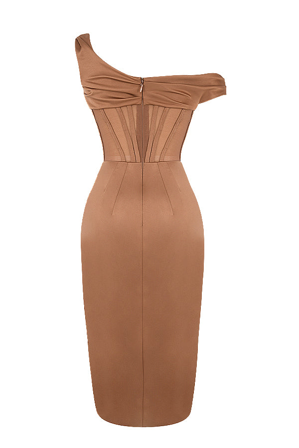 WW | Asymmetrisch drapiertes Midi-Korsettkleid