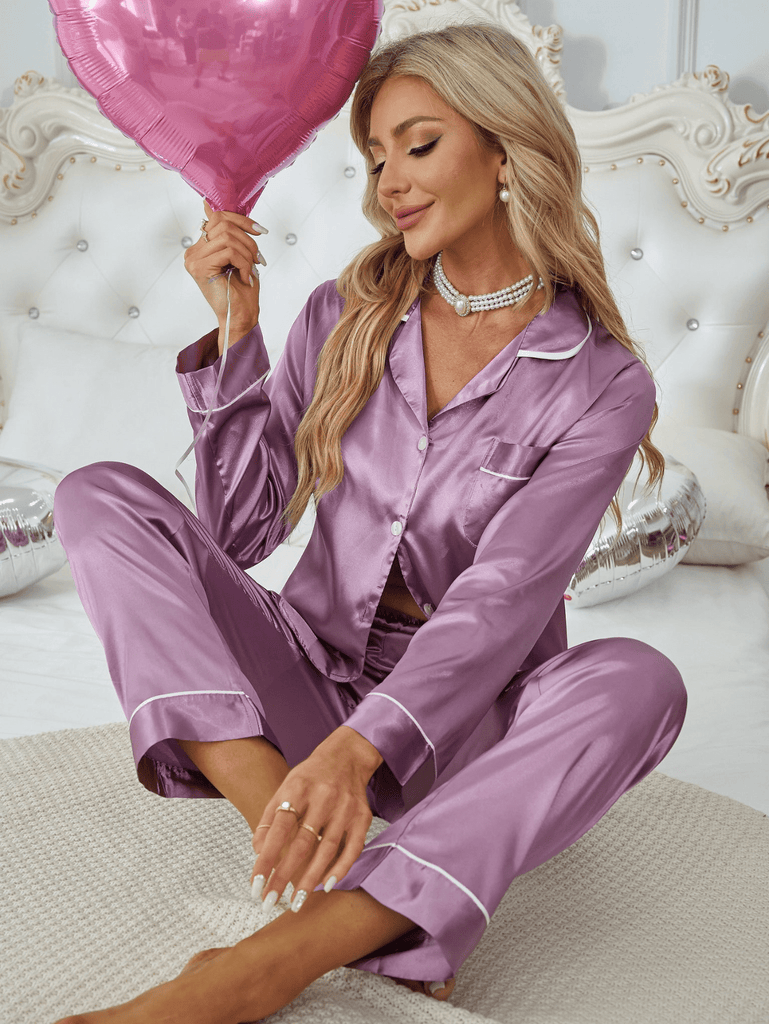 WW | Button up Einfarbig Satin Pyjamansatz Damen Nachtwäsche