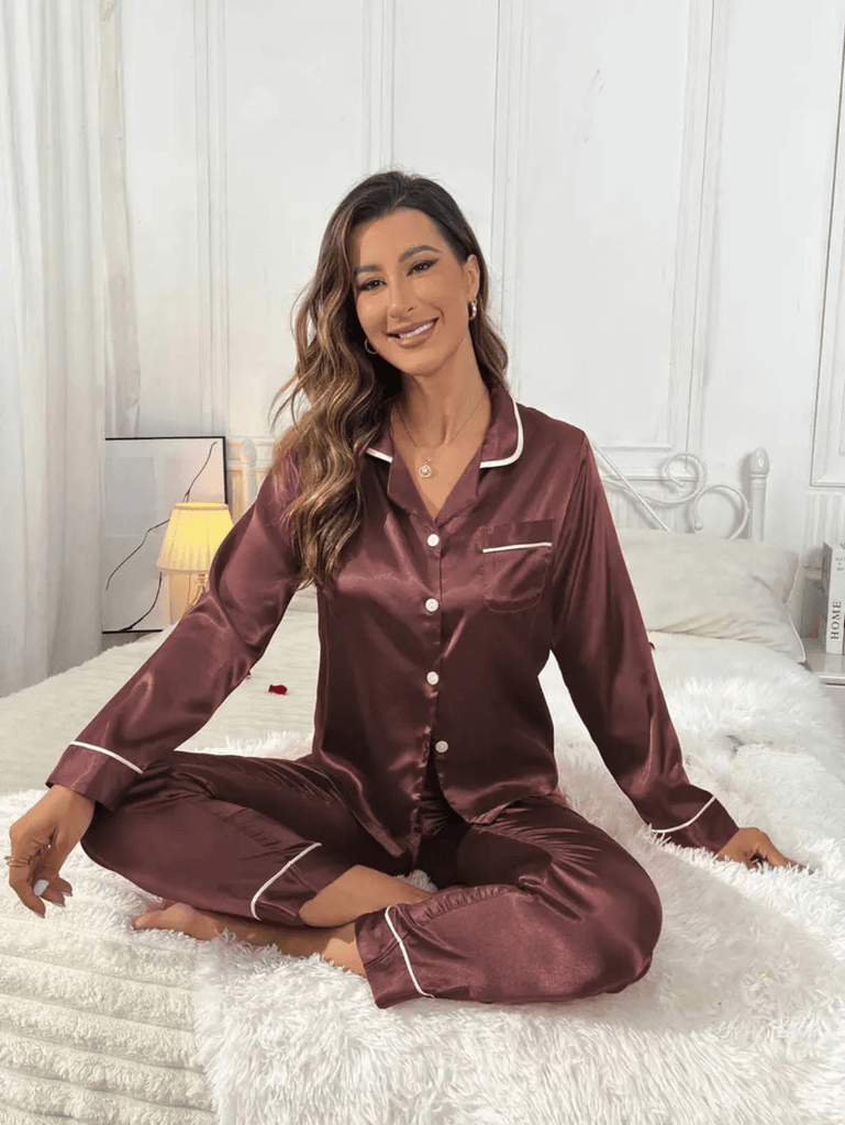 WW | Button up Einfarbig Satin Pyjamansatz Damen Nachtwäsche
