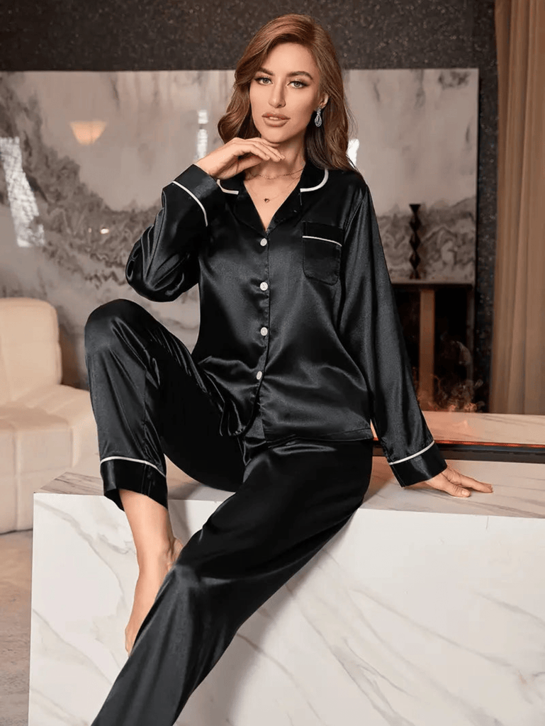 WW | Button up Einfarbig Satin Pyjamansatz Damen Nachtwäsche