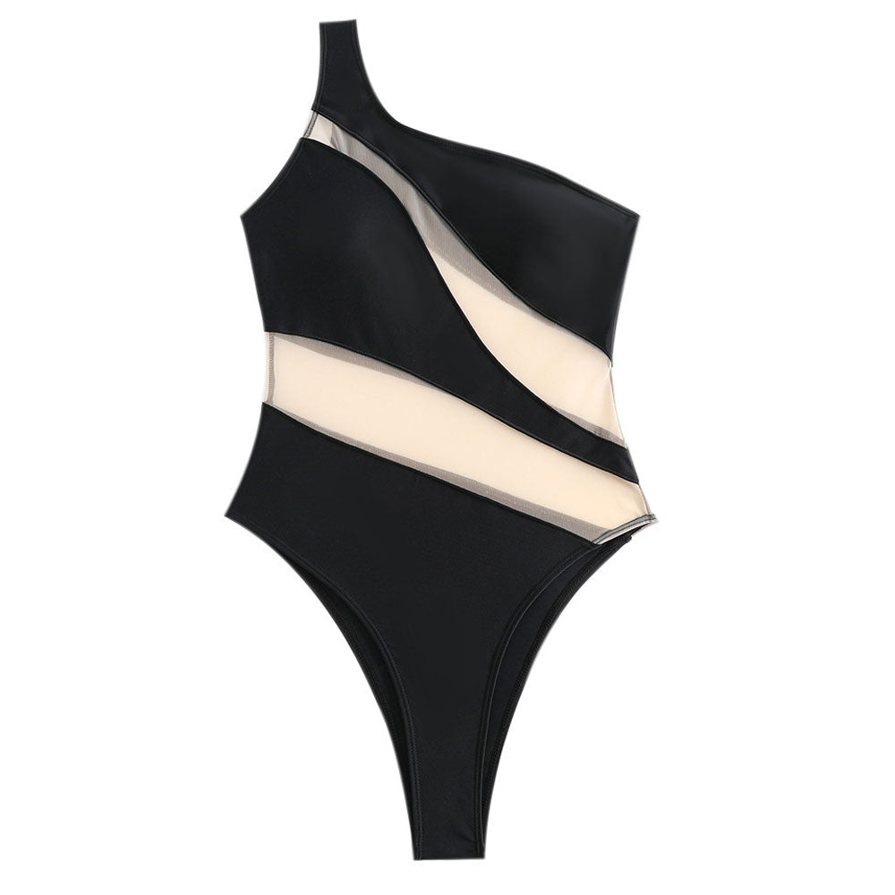 W&W Mode | Sexy Cheeky Durchsichtiger Mesh Panel Ein Schulter Brasilianischer Einteiler Badeanzug