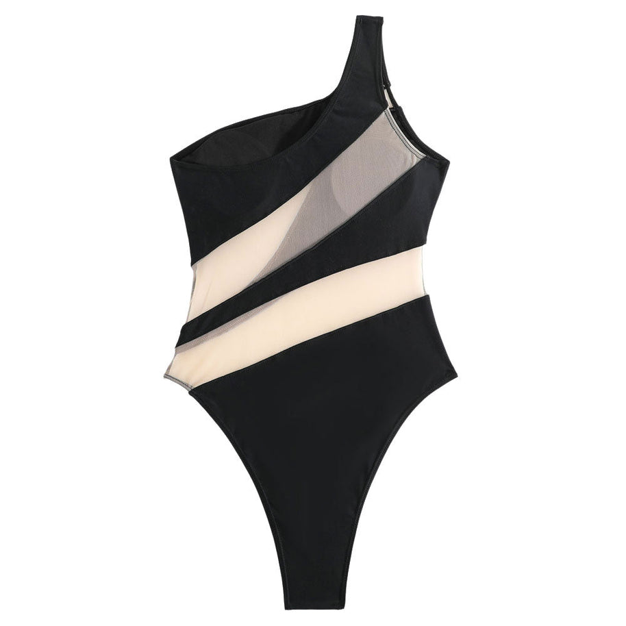 WW | Sexy Cheeky Durchsichtiger Mesh Panel Ein Schulter Brasilianischer Einteiler Badeanzug