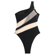 WW | Sexy Cheeky Durchsichtiger Mesh Panel Ein Schulter Brasilianischer Einteiler Badeanzug