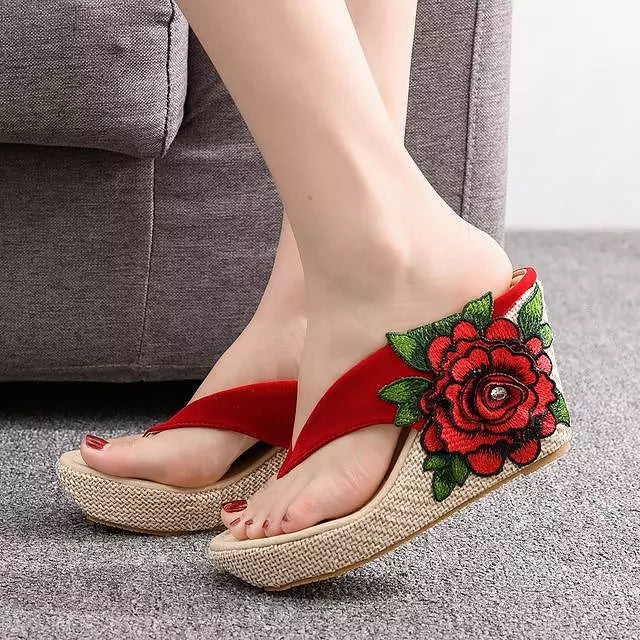 WW | Blumenmuster Zehentrenner Dicksohlige Sandalen Erotik Damen Schuhe