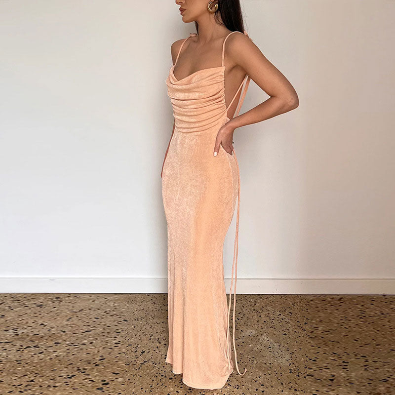 WW | Maxikleid mit Wasserfallausschnitt und Bindeträgern