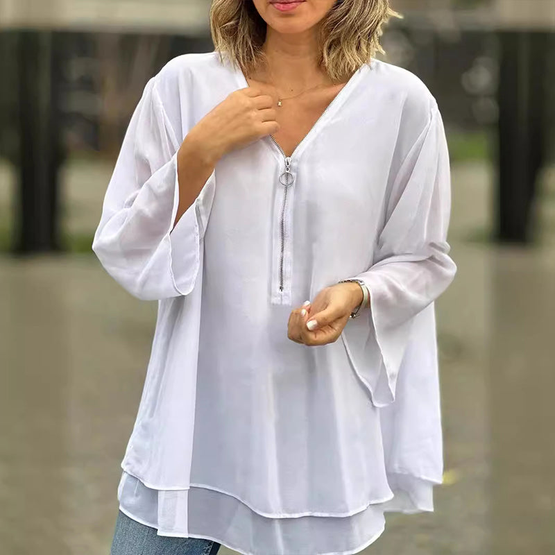 W&W Mode | Chiffon Reißverschlussoberteil V-Ausschnitt