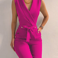 WW | Lässiger Ärmelloser Jumpsuit mit V-ausschnitt Taillengürtel und Schmaler Passform