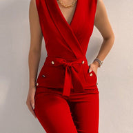 WW | Lässiger Ärmelloser Jumpsuit mit V-ausschnitt Taillengürtel und Schmaler Passform