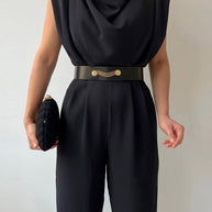 WW | Lässiger Ärmelloser Jumpsuit mit V-ausschnitt Taillengürtel und Schmaler Passform