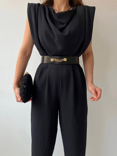 WW | Lässiger Ärmelloser Jumpsuit mit V-ausschnitt Taillengürtel und Schmaler Passform