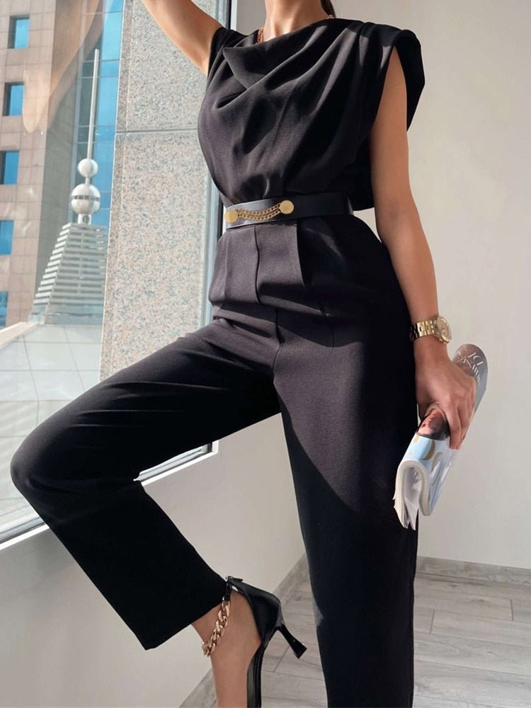 W&W Mode | Lässiger Ärmelloser Jumpsuit mit V-ausschnitt Taillengürtel und Schmaler Passform