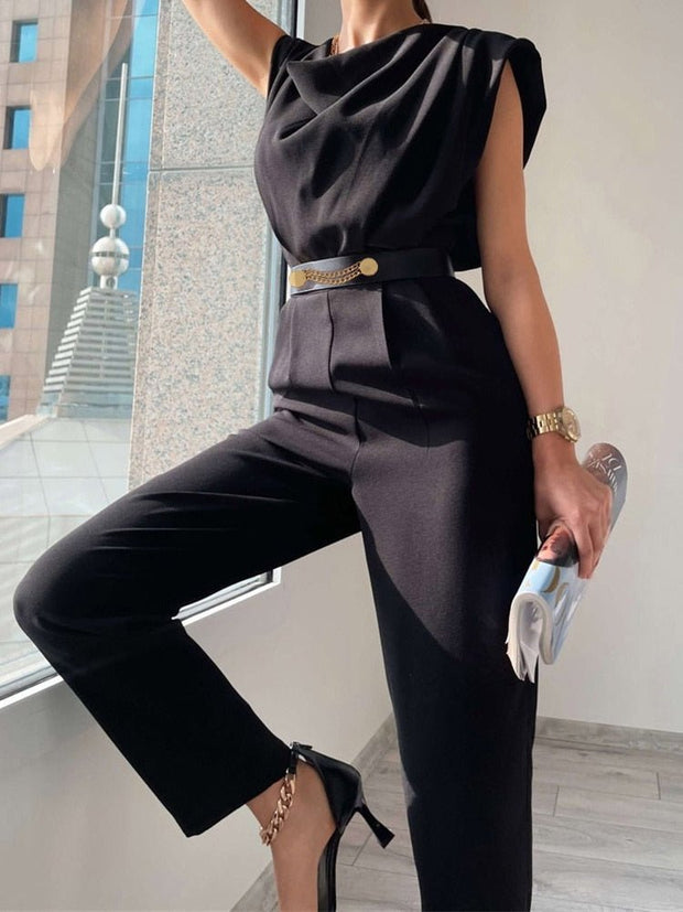 WW | Lässiger Ärmelloser Jumpsuit mit V-ausschnitt Taillengürtel und Schmaler Passform