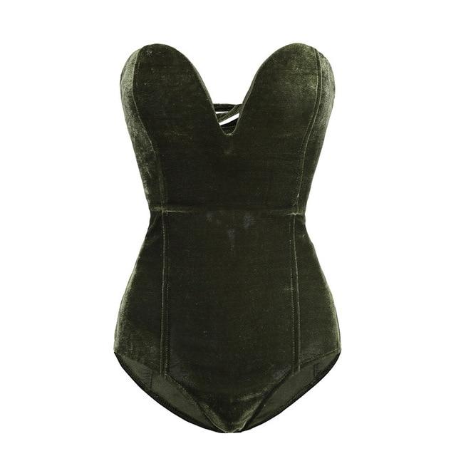 WW | Ärmelloses Trägerloses Samt Bodysuit Rückenfrei V-Ausschnitt