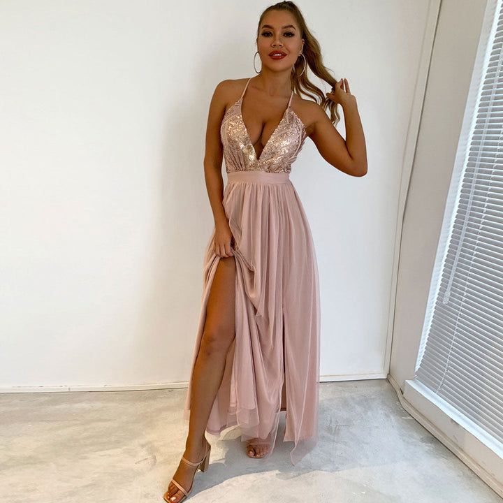 W&W Mode | Glitzerndes Pailletten Panel Mesh Tiefer V-Rückenfreies Abend Maxikleid