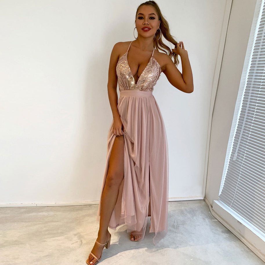 WW | Glitzerndes Pailletten Panel Mesh Tiefer V-Rückenfreies Abend Maxikleid