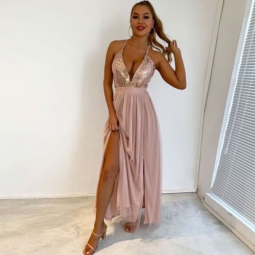 WW | Glitzerndes Pailletten Panel Mesh Tiefer V-Rückenfreies Abend Maxikleid