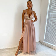 WW | Glitzerndes Pailletten Panel Mesh Tiefer V-Rückenfreies Abend Maxikleid