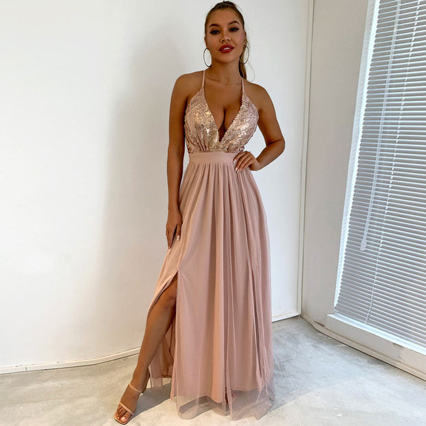 WW | Glitzerndes Pailletten Panel Mesh Tiefer V-Rückenfreies Abend Maxikleid