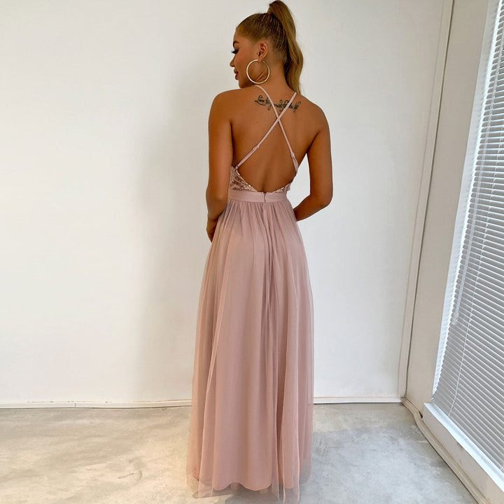W&W Mode | Glitzerndes Pailletten Panel Mesh Tiefer V-Rückenfreies Abend Maxikleid