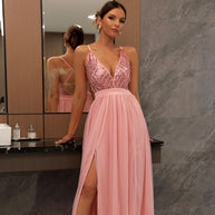 WW | Glitzerndes Pailletten Panel Mesh Tiefe V-Rückenloses Abend Maxikleid