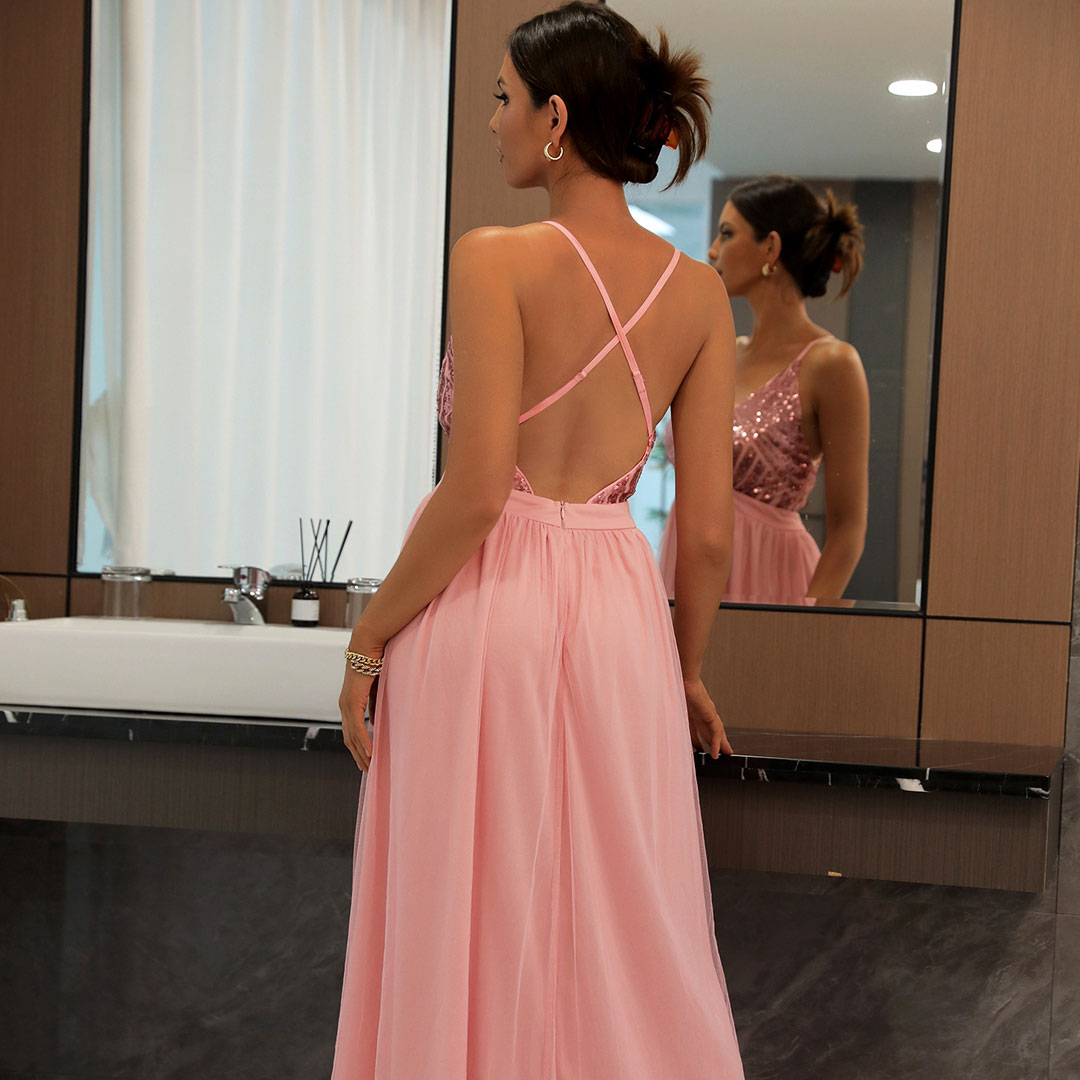 WW | Glitzerndes Pailletten Panel Mesh Tiefe V-Rückenloses Abend Maxikleid