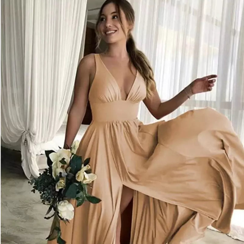 WW | Geteiltes V-Ausschnitt Brautjungfernkleid Lange Maxi Abend