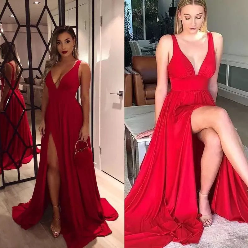 W&W Mode | Geteiltes V-Ausschnitt Brautjungfernkleid Lange Maxi Abend
