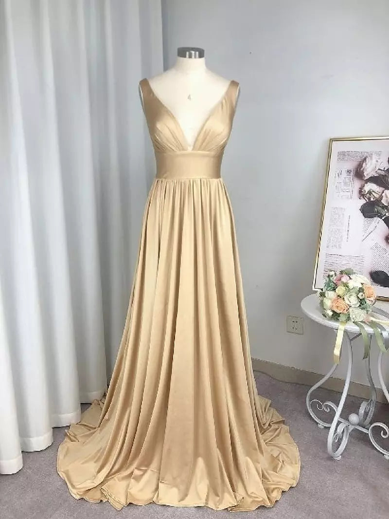 WW | Geteiltes V-Ausschnitt Brautjungfernkleid Lange Maxi Abend