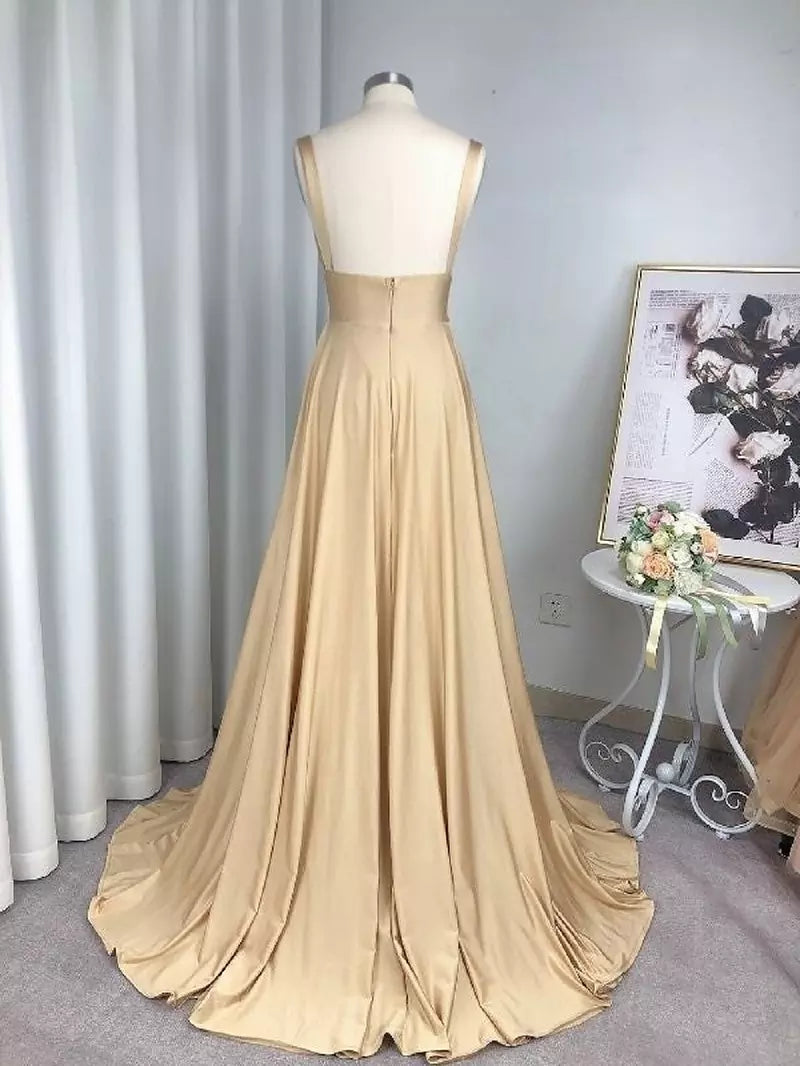 WW | Geteiltes V-Ausschnitt Brautjungfernkleid Lange Maxi Abend
