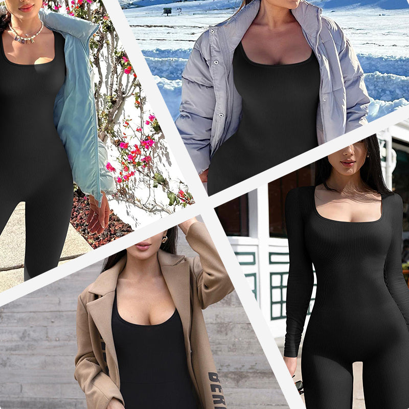 Amari - Langärmeliger Damen-Overall mit quadratischem Ausschnitt und weitem Bein