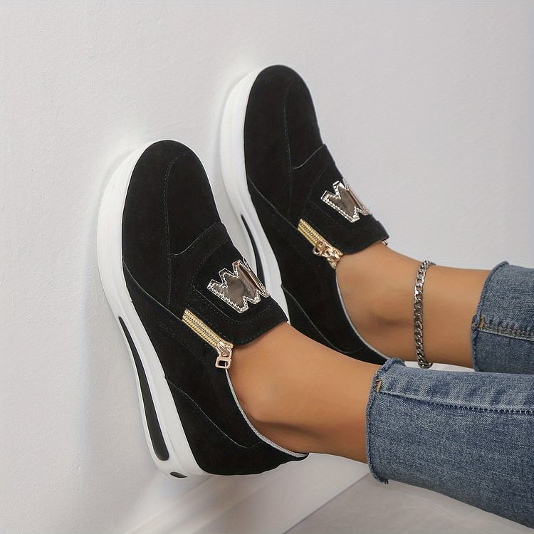 WW | Damen Slip on Sneakers mit Goldenen Reißverschlüssen und Erhöhtem Absatz