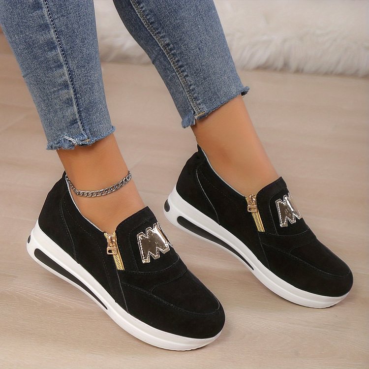 WW | Damen Slip on Sneakers mit Goldenen Reißverschlüssen und Erhöhtem Absatz