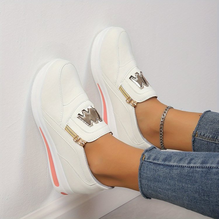 WW | Damen Slip on Sneakers mit Goldenen Reißverschlüssen und Erhöhtem Absatz