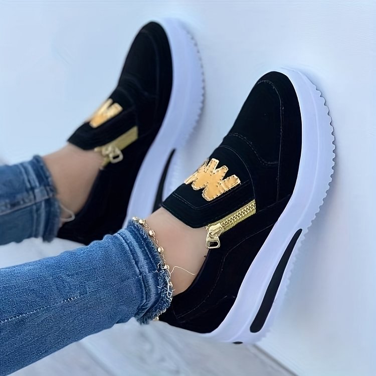 WW | Damen Slip on Sneakers mit Goldenen Reißverschlüssen und Erhöhtem Absatz