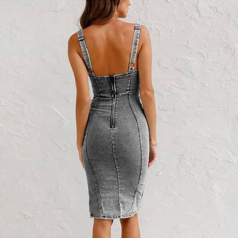 W&W Mode | Tailliertes Jeanskleid Mit U-Ausschnitt