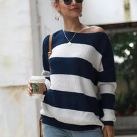 WW Gestreifter Langärmeliger Lockerer Pullover