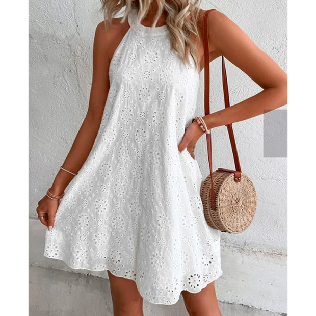 WW | Sommer Frauen O-Ausschnitt Sexy Schmal Weiß Mini Kleid