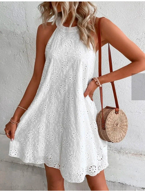 W&W Mode | Sommer Frauen O-Ausschnitt Sexy Schmal Weiß Mini Kleid