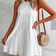 WW | Sommer Frauen O-Ausschnitt Sexy Schmal Weiß Mini Kleid