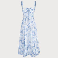 Blaues Midikleid mit Blumenmuster und quadratischem Ausschnitt