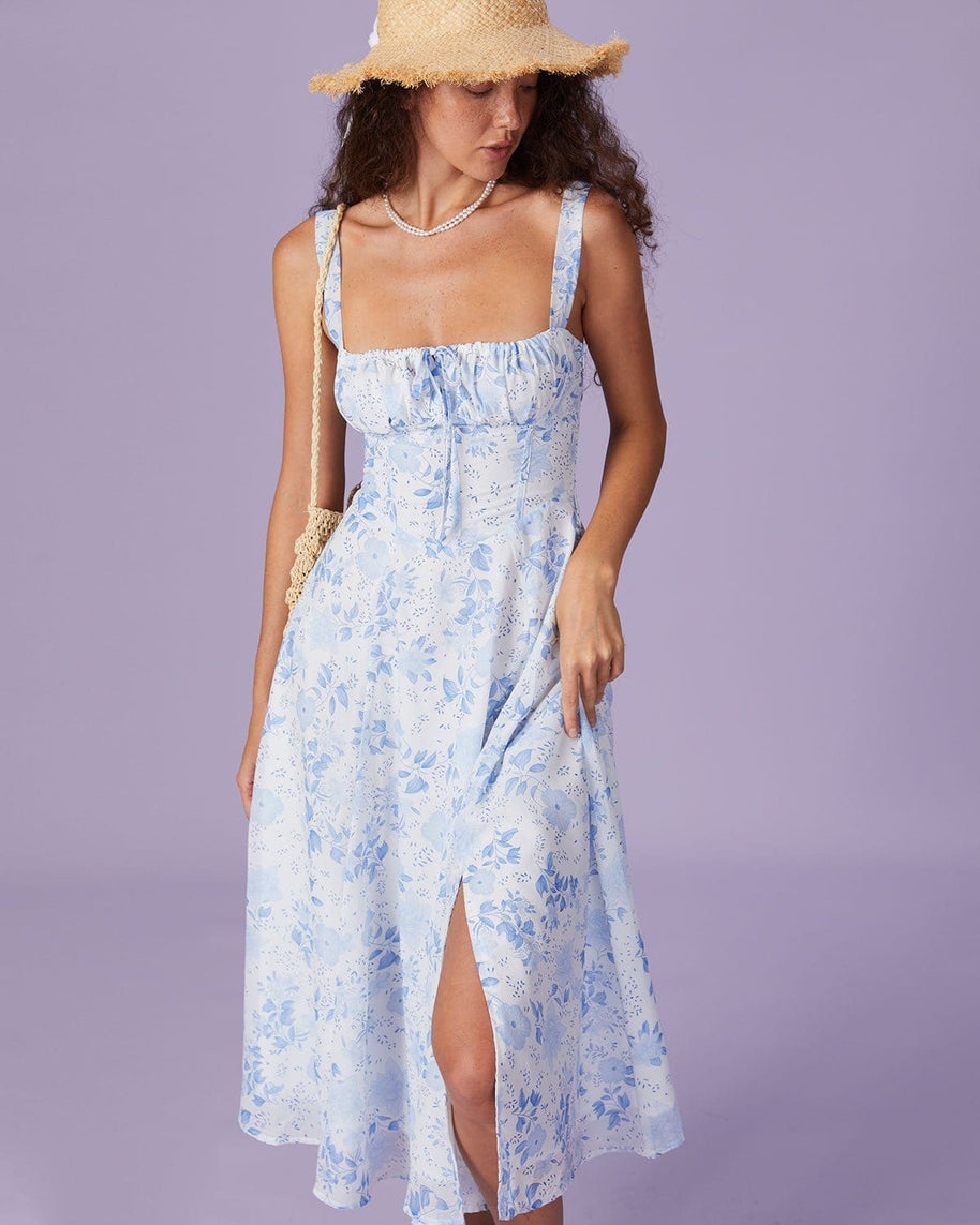 Blaues Midikleid mit Blumenmuster und quadratischem Ausschnitt