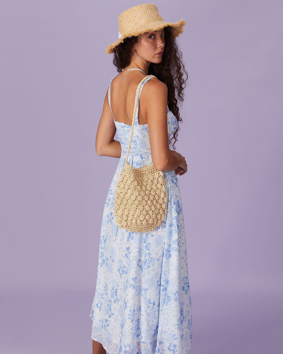 Blaues Midikleid mit Blumenmuster und quadratischem Ausschnitt