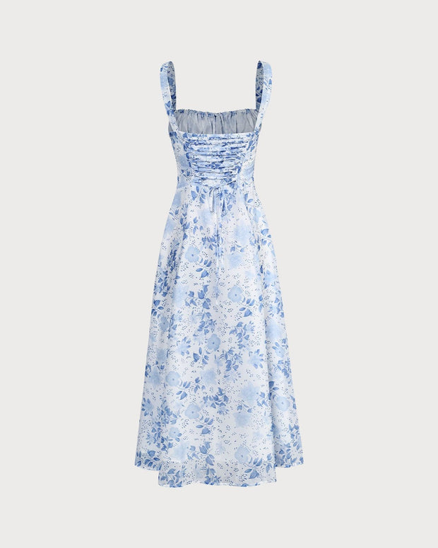 Blaues Midikleid mit Blumenmuster und quadratischem Ausschnitt