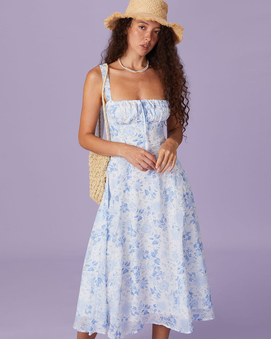 Blaues Midikleid mit Blumenmuster und quadratischem Ausschnitt