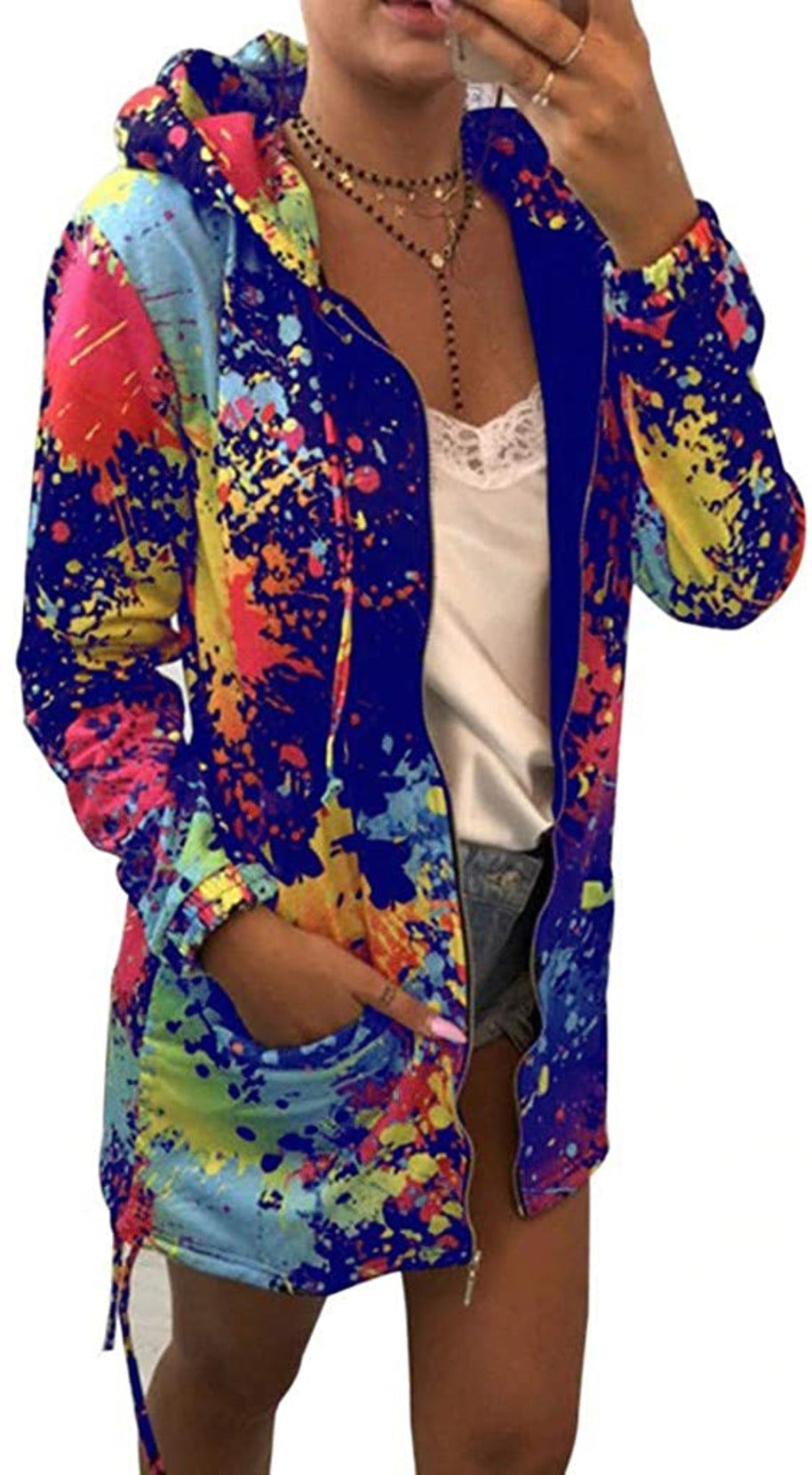 WW | Dünne Mehrfarbige Kapuzenjacke Mit Reißverschluss Und Taschen Langjacke