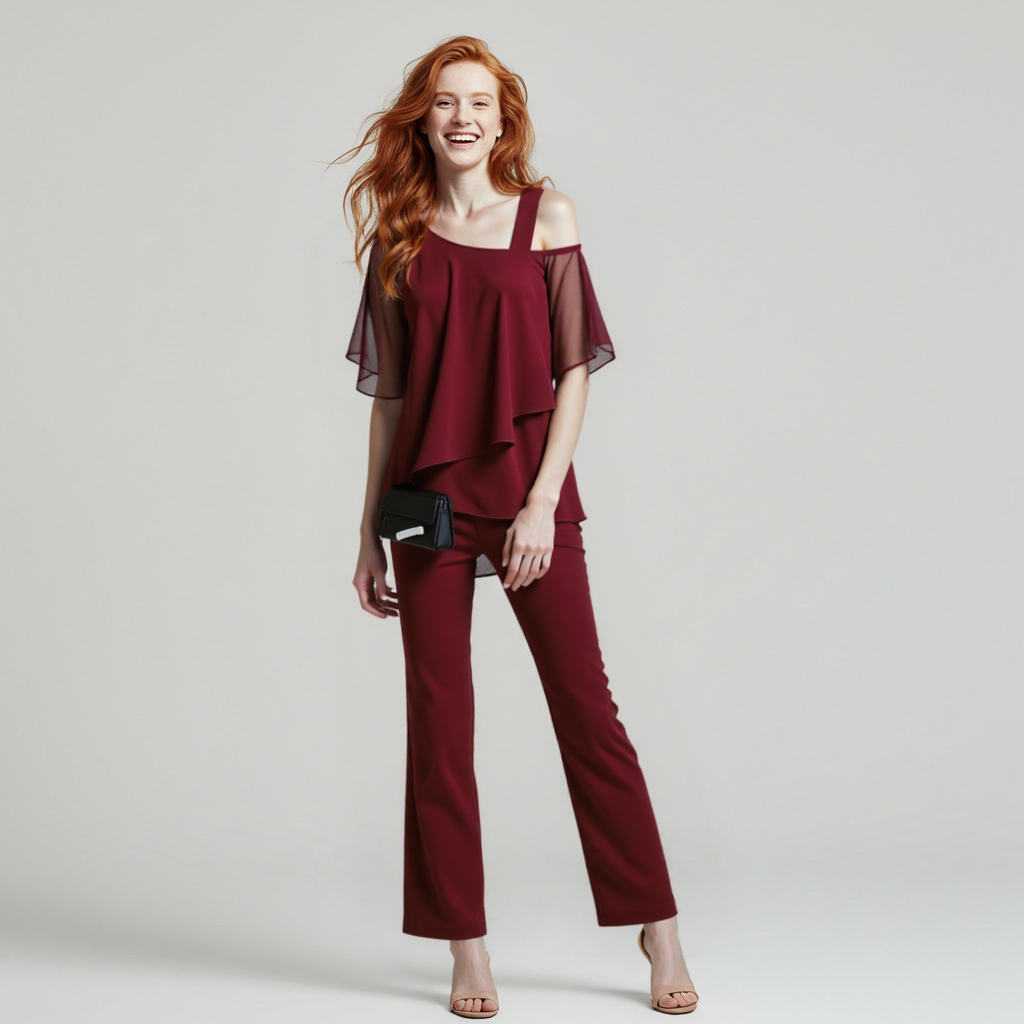 W&W Damen Zweiteiler Satz| Eleganter Jumpsuit mit Cold Shoulder Bluse