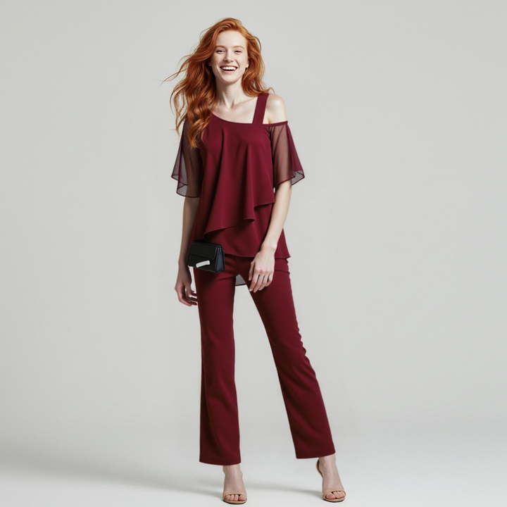 W&W Mode Damen Zweiteiler Satz| Eleganter Jumpsuit mit Cold Shoulder Bluse