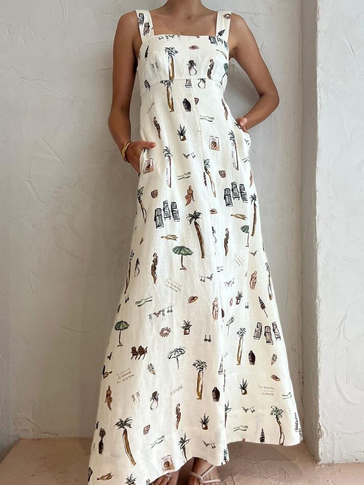 WW | Tropischer Druck Knoten Lang Kleid