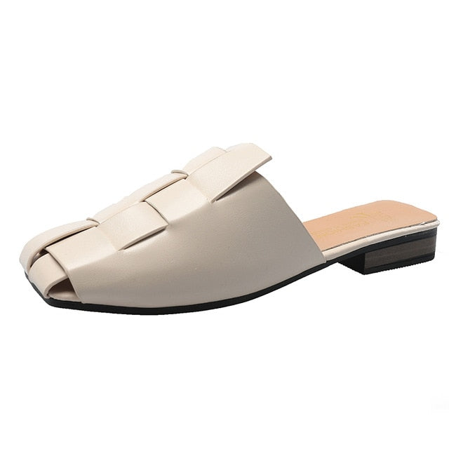 WW | Retro Kreuzband Hohl Slip-On Niedrige Absätze Damen Mules Schuhe